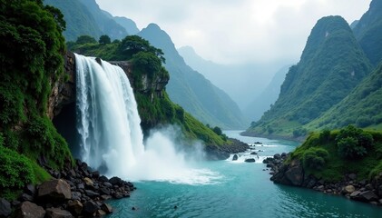 Fototapeta premium The roar of the Ban Gioc waterfall echoes through the valley, mountains, noise
