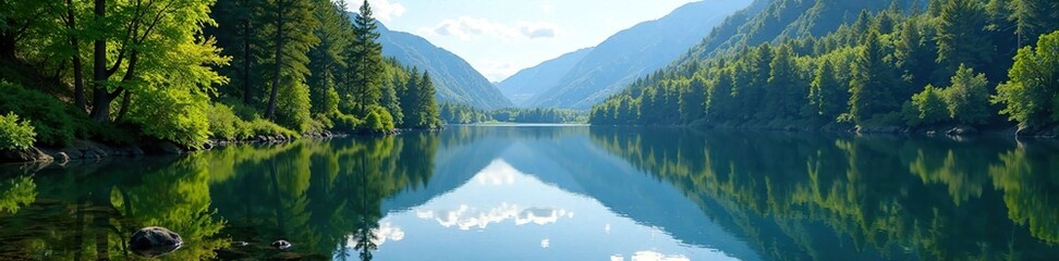 Serene lake surface reflected in towering trees, reflection, lakeside, forest