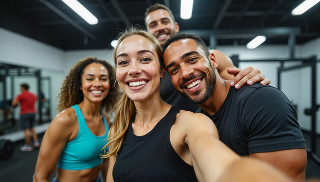 Energetic group selfie by fitness enthusiasts in gym, healthy lifestyle