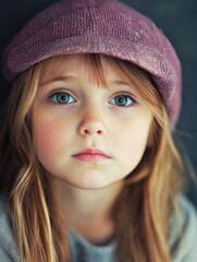 Cute sad little girl with long blonde hair wearing a pink cap gazing directly at the camera, soft focus background creating ample copyspace for text.