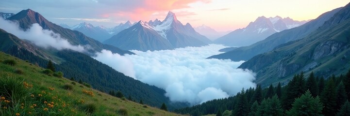 The misty veil rises from the valley below to meet the towering peaks above, , mist