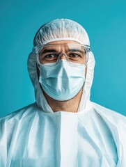 Portrait of a male doctor in clear glasses and white protective gown with blue background showcasing personal protective equipment and ample empty space for text