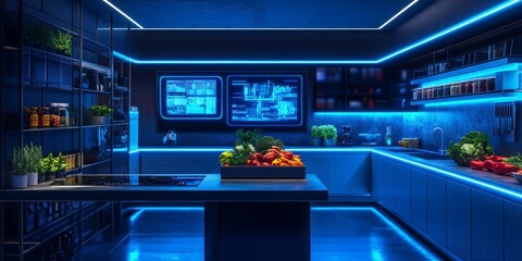 Obraz premium High-tech kitchen with a holographic interface. Perfect for smart home and futuristic lifestyle themes.