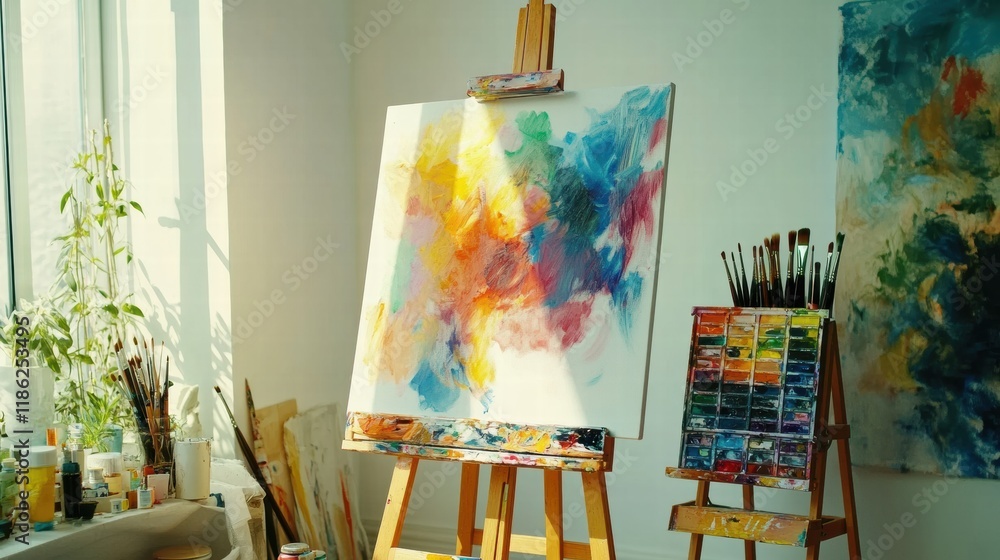 Poster bright artistic workspace with vibrant paint palette and brushes surrounded by natural light during 
