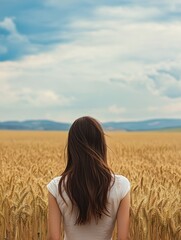 Brunette woman gazing thoughtfully into a vast golden wheat field under a dramatic blue sky, ideal for text overlay, portrait orientation.