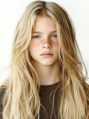 Fototapeta premium Portrait of a thoughtful boy with flowing long blond hair gazing directly at the camera, set against a bright white backdrop with ample empty space for text.