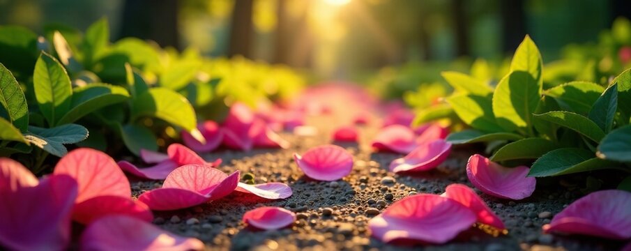 Delicate petals scattered on the garden path early morning, nature, foliage, parijat