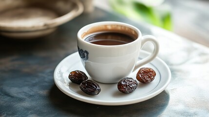 Espresso coffee in a white cup with dates on a saucer.