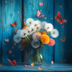 Dandelions, Butterflies, Blue Wooden Background Vase