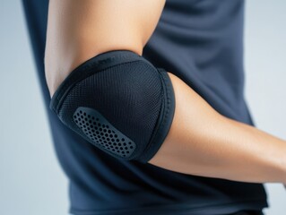 Athlete inspecting black elbow pad brace against neutral gray background in clinical healthcare setting, ideal for sports injury prevention concepts.