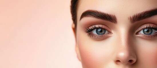 Fototapeta premium Elegant Close-Up of Woman's Eyes with Bold Eyebrows in Beauty Salon Soft Pink Background Aesthetic Beauty Procedure Focus on Eyebrow Tattooing