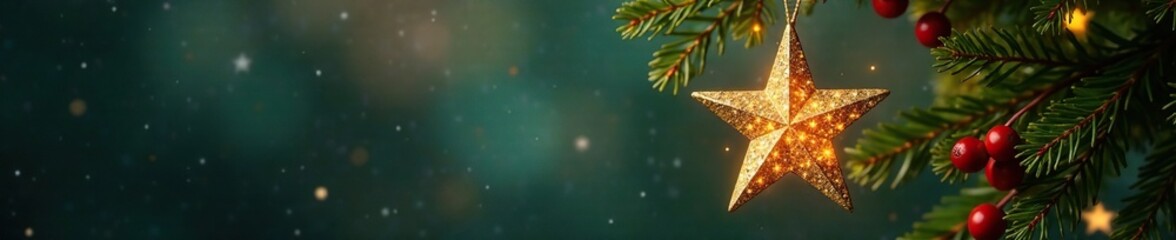 Fototapeta premium Sparkling golden Christmas star suspended from a fir branch with festive garland and berries, natural elements, evergreen branches
