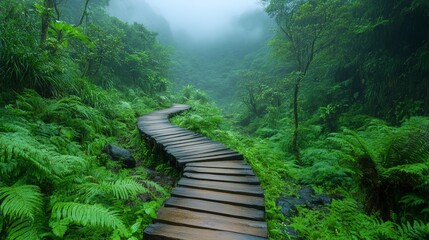 Serene wooden path winding through lush green forest on a misty morning