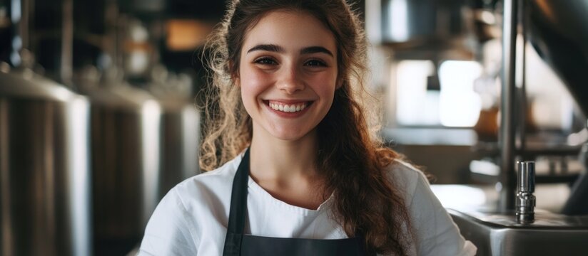 Cheerful female brewer in modern brewing facility smiling confidently while overseeing beer production process with stainless steel tanks in background - Powered by Adobe