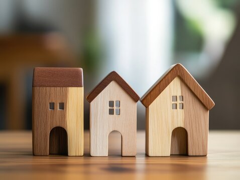 Wooden toy houses representing parental guidance in nurturing values and habits for children, softly lit, warm wood tones, focused on educational play, interior setting.