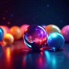 Cerca de bolas coloridas iluminadas con luces multicolores en movimiento, colorful balls, dark space