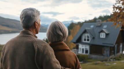 Middle Aged Couple Embracing While Admiring Scenic Cottage View at Lake Surrounded by Mountains in Soft Natural Light with Open Space for Text