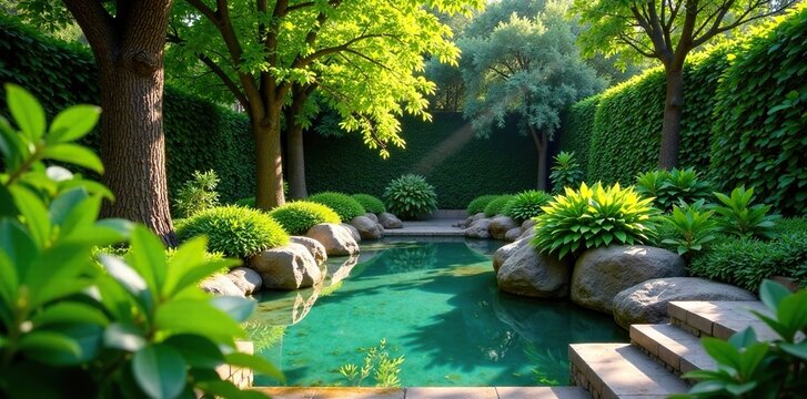 Jard?n con un estanque de agua dulce y plantas de hojas verdes, scenery, plants