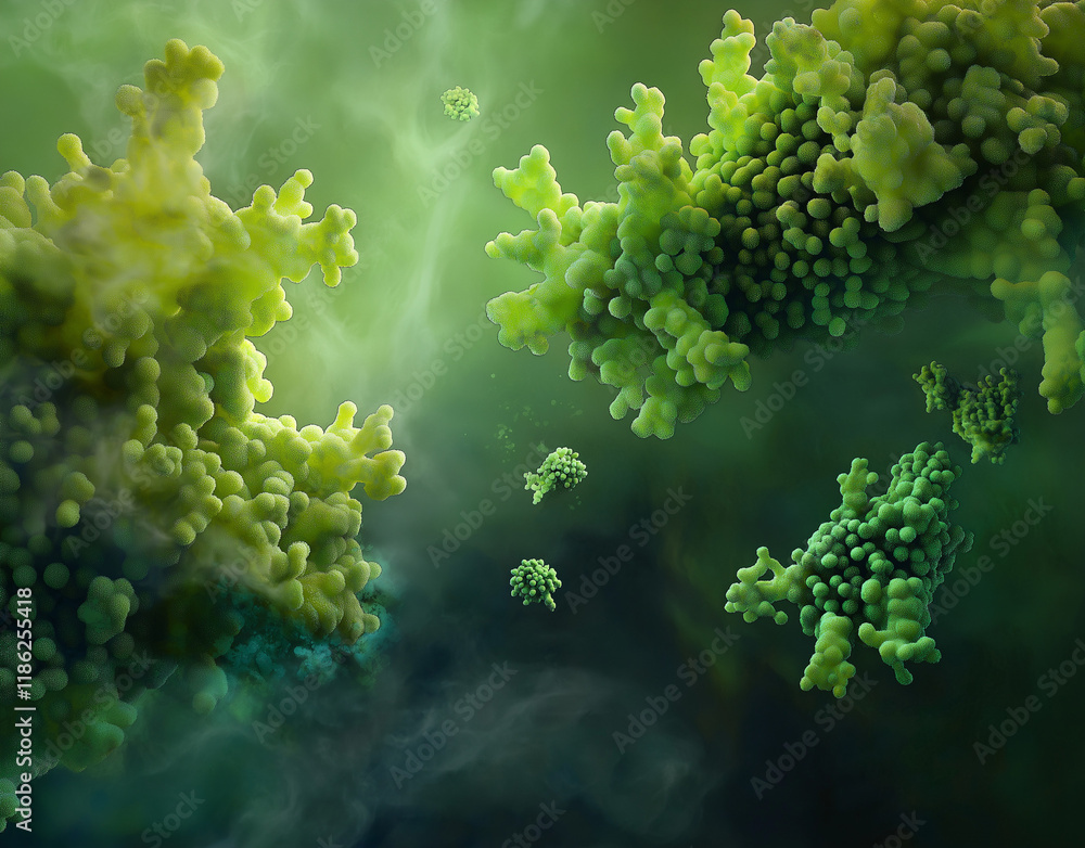 Poster close-up of green bacteria on an isolated background, showcasing vivid colors and detailed textures,