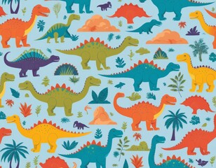 Obraz premium Adorable Dinosaur Seamless Pattern: Vibrant Prehistoric Creatures & Tropical Foliage for Kids Fabric