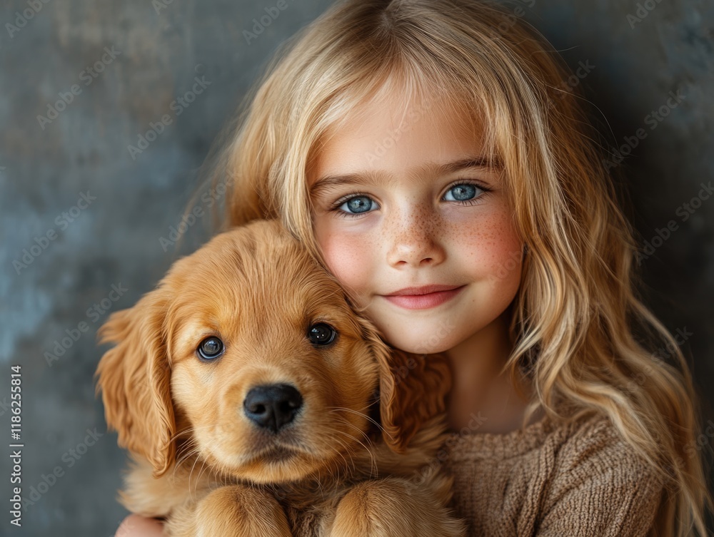 Poster little girl with golden retriever puppy cuddling close on textured gray background with soft natural