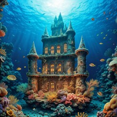 A stunning photograph capturing an abandoned castle submerged underwater, revealing its eerie beauty and historical significance.