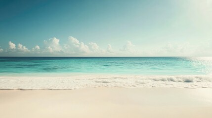Fototapeta premium Sunny beach scene with bare legs in the foreground, turquoise ocean waves gently lapping at the shore, clear blue sky with scattered clouds, ample empty copyspace for text.