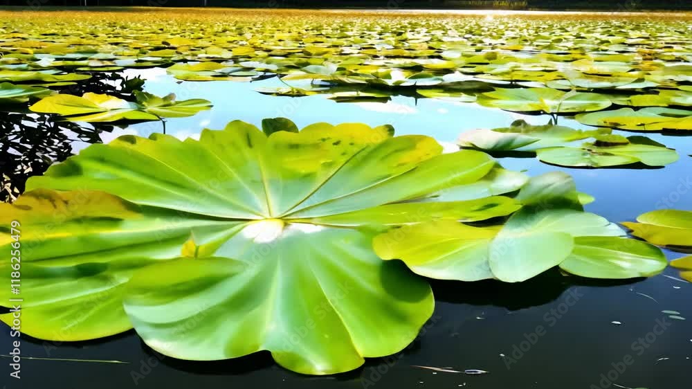 Poster tracking video beside floating lily pads creating imperfect mirror-like reflections on the pond's su