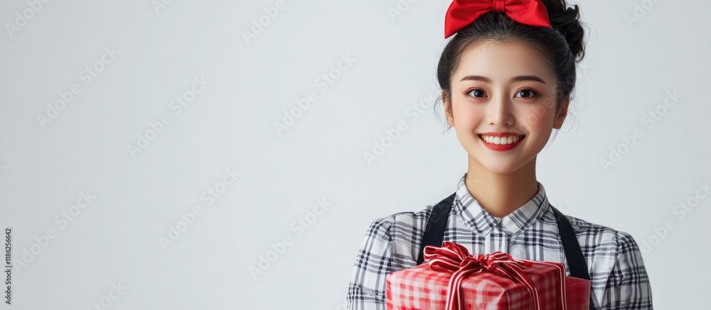 Poster japanese woman wearing a checked apron and red bow holding a gift box in front of a neutral gray bac