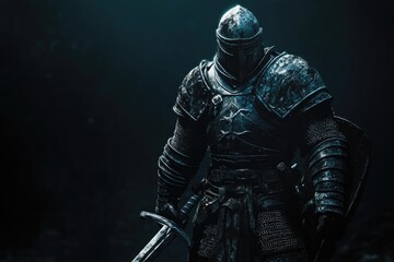 Naklejka premium Knight in dark armor standing confidently with a two-handed sword, dramatic lighting creating shadows, ample empty space for text, dark background.