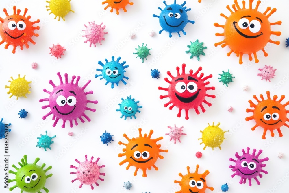 Poster Bright and cheerful smiling microbes in various colors create a joyful and playful atmosphere on a white background. Generative AI