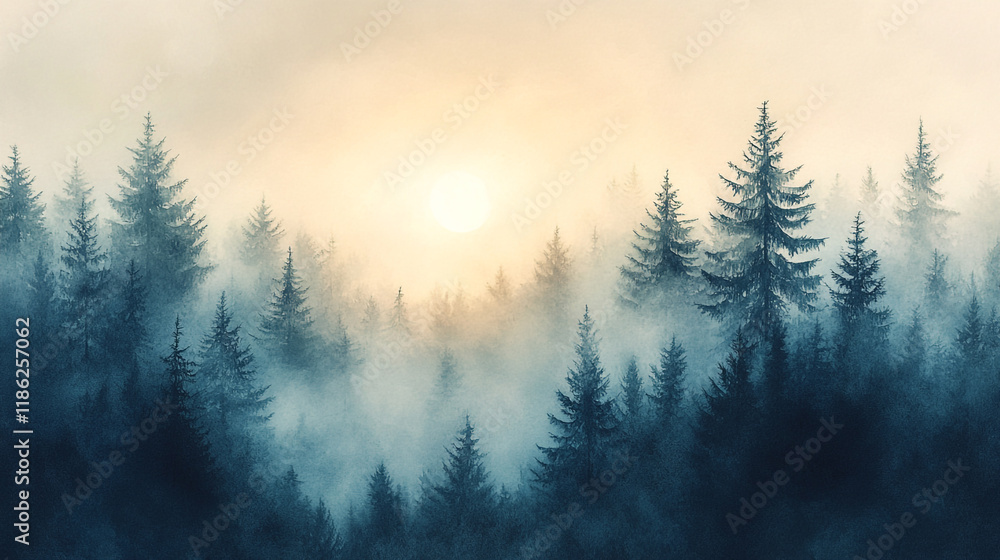 Poster mystical forest at dawn with mist and silhouetted pine trees creating an enchanting landscape