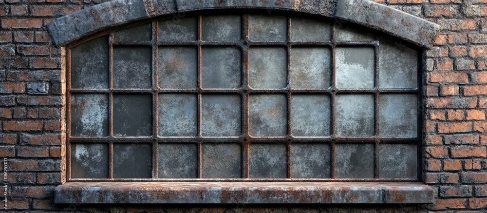 Poster rusty iron window frame against a weathered brick wall with ample empty space for text, captured fro