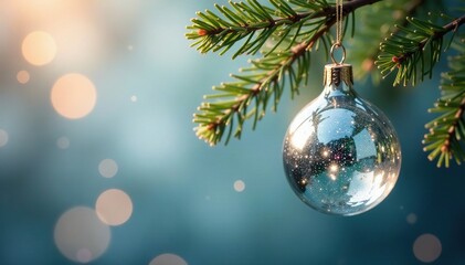 Shimmering silver teardrop glass ornament hanging from a branch, reflective, ornaments