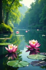 Serene lake with water lily flowers and lotus trees, lakes, natural scenery