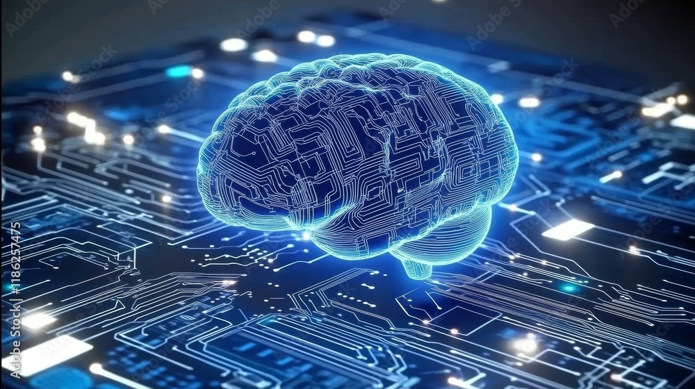 Poster digital brain on circuit board, representing advanced artificial intelligence and machine learning.