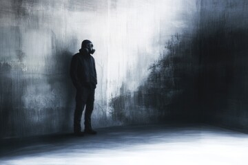 Obraz premium Human figure wearing a gas mask standing in a textured concrete corner with dramatic lighting and soft focus blur in muted gray tones for copyspace.