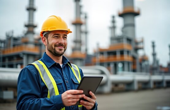 Caucasian male industrial engineer wearing safety hard hat, reflective vest holds tablet, examines industrial plant. Stands at oil, gas refinery. Engineer surveys operations of refinery. Male
