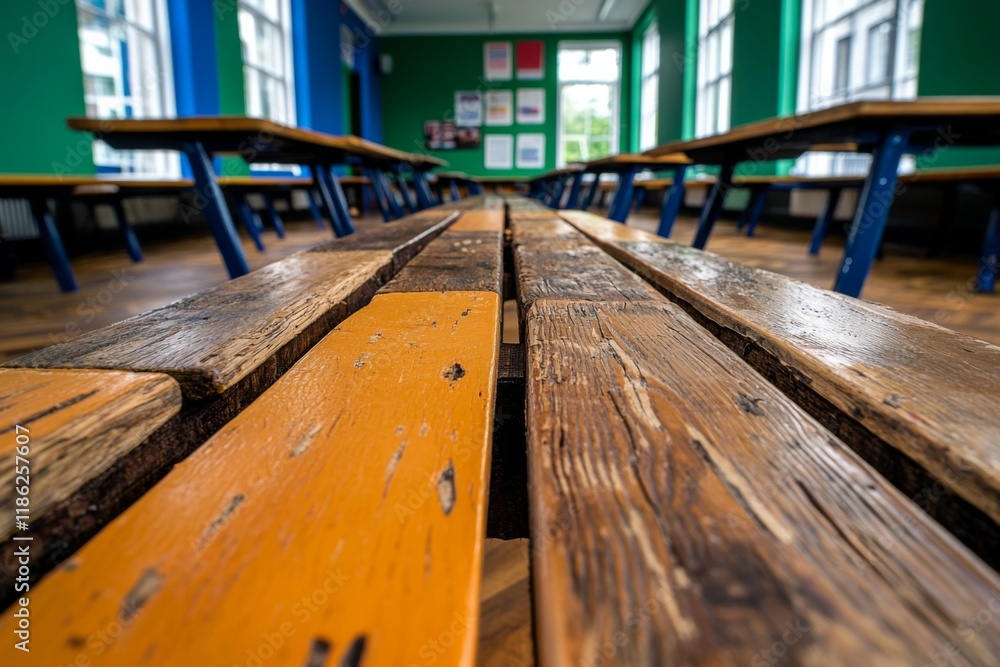 Poster wooden tables create a rustic atmosphere in a bright, modern classroom setting with green walls
