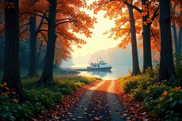 Obraz premium Softly lit forest path leads to a serene ferry crossing under autumnal sky, sky, light