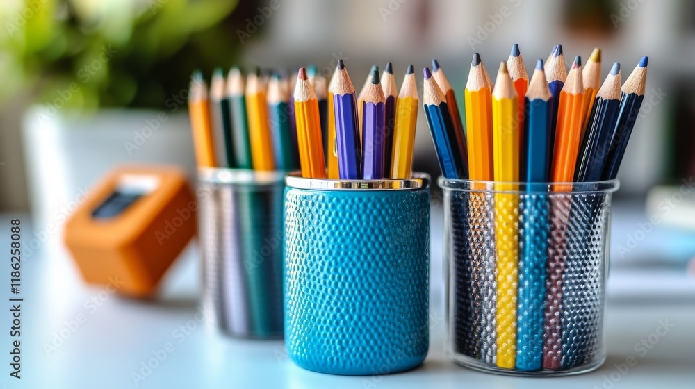 Poster colorful assortment of writing instruments arranged neatly on a flat surface