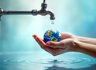 Hands hold miniature earth. Water drips from tap. Safe drinking water important. Global water quality campaign concept. Focus on water conservation. Save water. Sustainability emphasized. Protecting