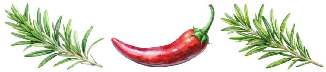 Fresh herbs, vibrant chili pepper, watercolor style, culinary illustration, kitchen decor, food art.
