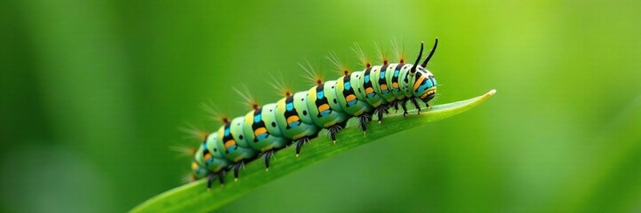 Naklejka premium Caterpillar with blue stripes on small broad leaf, wild, larva, grassland