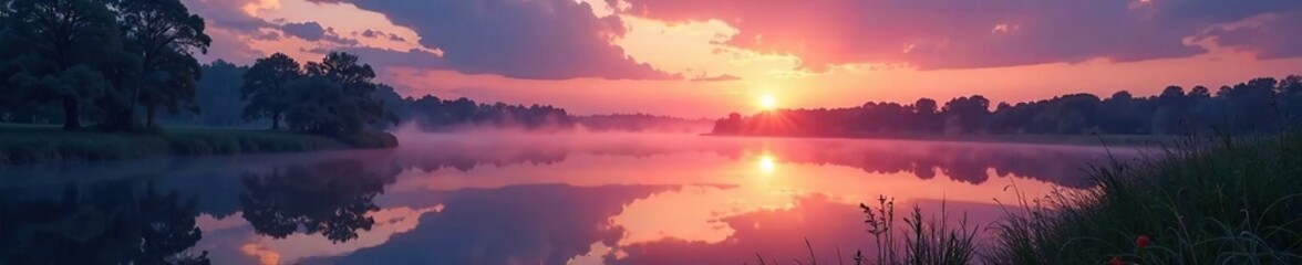 Fototapeta premium As dusk descends upon a marais fromentine, its waters take on an ethereal glow, serene lake, ethereal glow, natural scenery