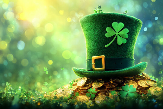 St. Patrick's Day greeting card with Green Leprechaun Hat with Clover and a lot of gold coins detailed