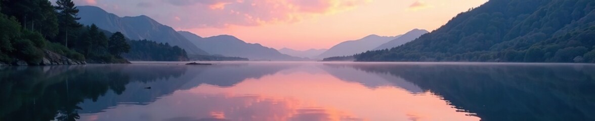 Obraz premium Gentle ripples disturb the lake's mirror-like surface at dawn with reflected trees and cliffs, serenity, tranquility, lake