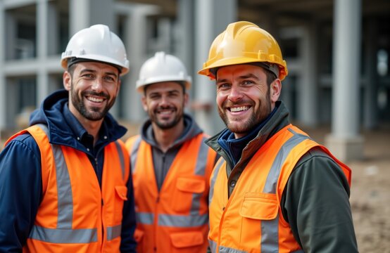 Three men builders in reflective vests, safety helmets smile during work break on construction site. Wear warm, pro attire. Happy team members on construction project. Friendly work environment.