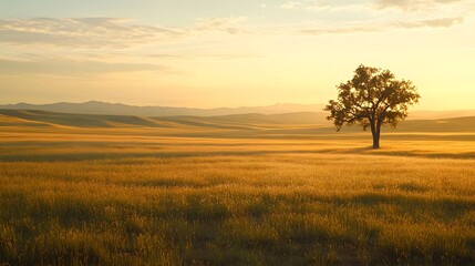 Obraz premium Lone Tree in Golden Wheat Field - Serene Landscape, Nature, Tranquility