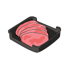 Isolated sliced Fresh Pork meat in black plate, vector hand drawing food ingredient illustration. Sliced meat, hight protein food, uncooked food hot pot ingredients. 